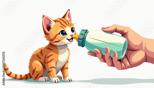 Cute orange kitten being bottle-fed by a caring hand, representing veterinary care, copy space
