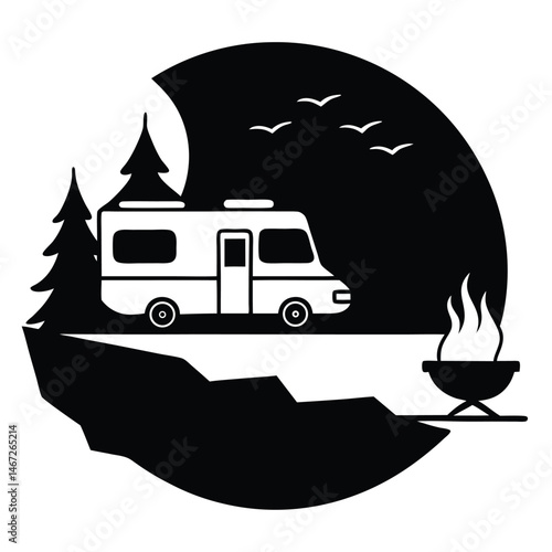 Scenic Night Camping RV Adventure Illustration