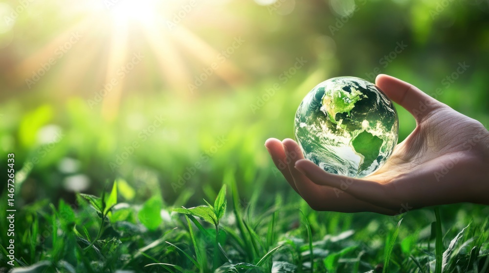 Hand holding a glass globe in a lush green field, sunlight shining. Hand holding a glass globe in a lush green field, sunlight shining.