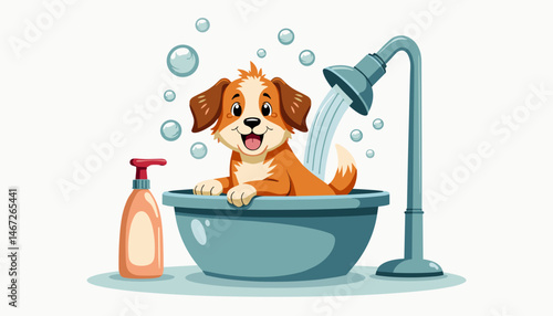 Happy puppy enjoying a bath with bubbles in a pet tub, copy space
