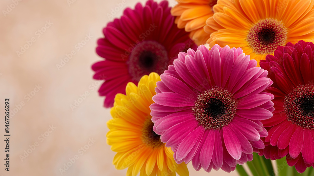 Vibrant cluster of Gerbera daisies in bold hues on neutral background Vibrant cluster of Gerbera daisies in bold hues on neutral background