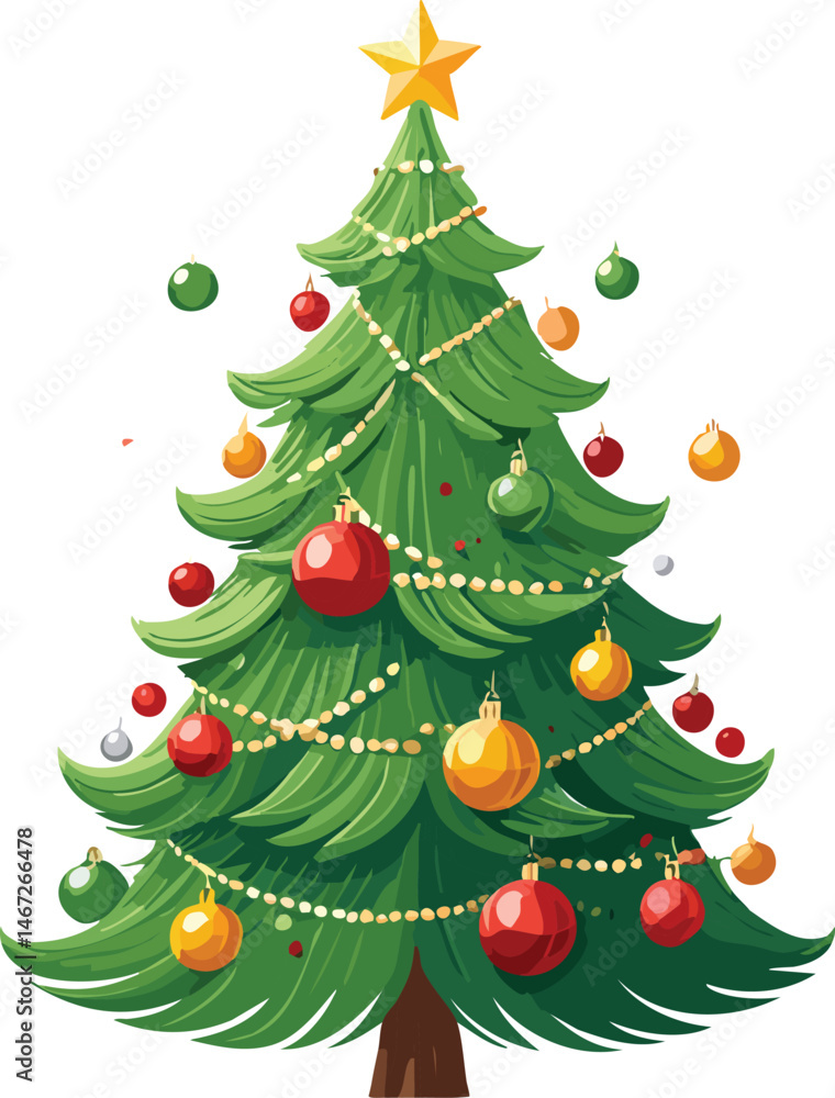 Decorated Christmas Tree with Ornaments Vector Isolated - Holiday Celebration Illustration - Traditional Festive Graphic - Shiny Baubles and Lights - Cozy Winter Clipart Decorated Christmas Tree with Ornaments Vector Isolated - Holiday Celebration Illustration - Traditional Festive Graphic - Shiny Baubles and Lights - Cozy Winter Clipart