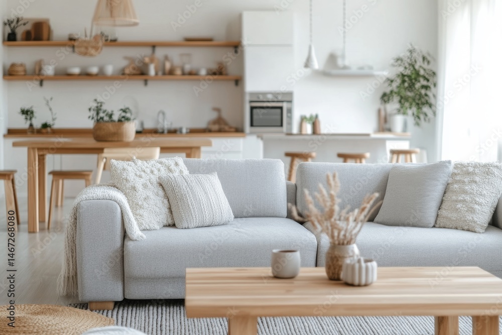 Fototapeta premium Light-filled modern kitchen/living room with light gray sofa