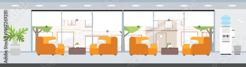 Office interior resting area zone, Office company lobby with sofa and outside view.