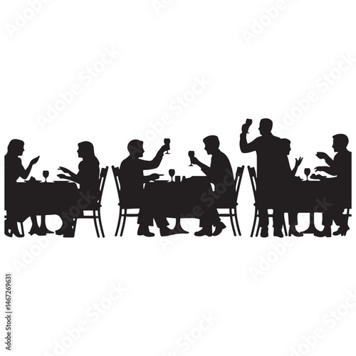 Vector Black silhouette of people sitting at restaurant tables eating and drinking with white background