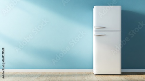 White refrigerator against a light blue wall in a room with wooden floor.