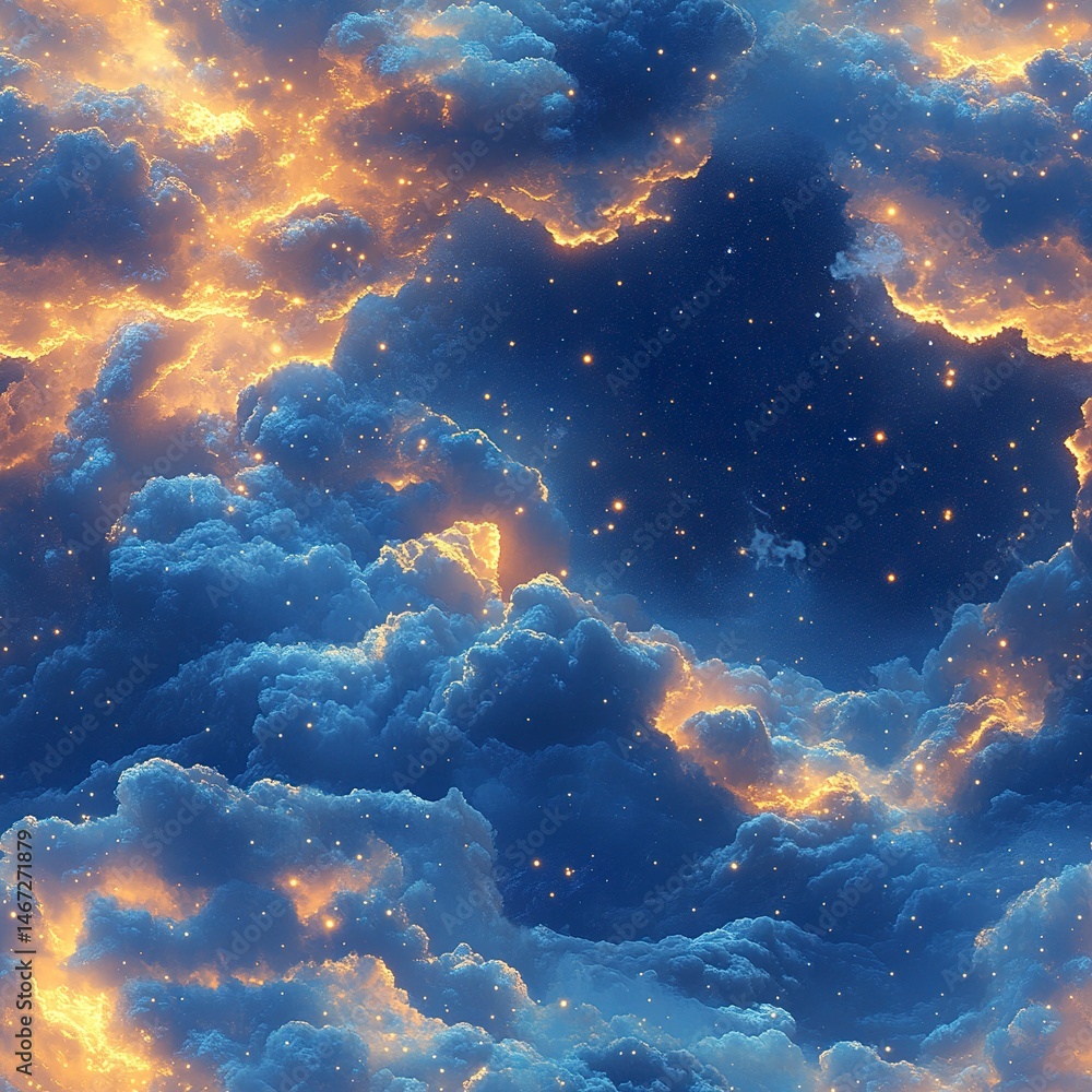 Obraz premium Fantasy sky background with glowing pastel clouds and 3D golden stars floating in a deep blue sky. --tile 