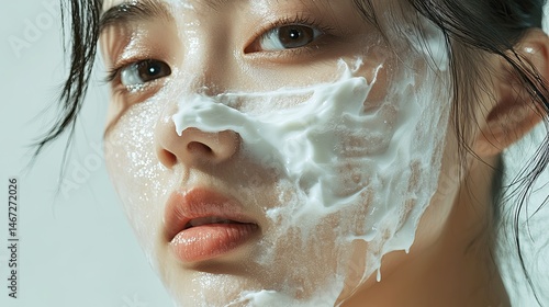 A close-up of a woman applying cream to her cheek, with a gentle smile