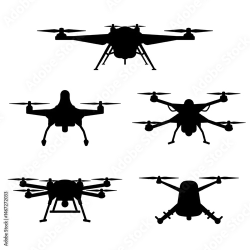 Silhouettes of various quadcopter drones viewed from top and front angles, showing different drone frame designs used for surveillance, civilian, or military applications. Transparent background