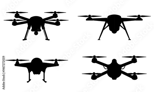 Set of various drone black silhouettes isolated on transparent background. Quadcopters, fixed-wing UAV, FPV. Military surveillance, reconnaissance, combat. Unmanned aircraft shapes. Vector set icons.