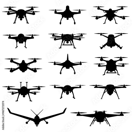 Set of various drone black silhouettes isolated on transparent background. Quadcopters, fixed-wing UAV, FPV. Military surveillance, reconnaissance, combat. Unmanned aircraft shapes. Vector set icons.