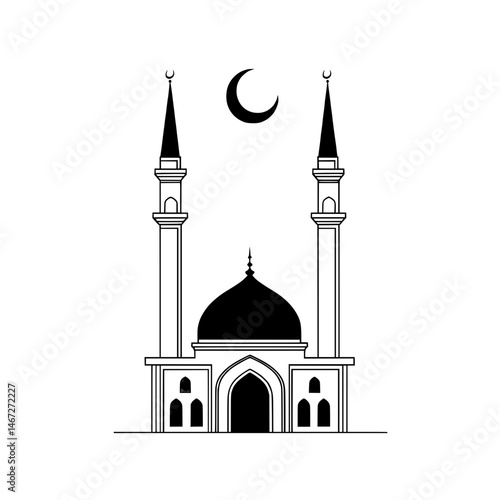 Elegant mosque icon with dome and two minarets under crescent moon representing cultural spirituality