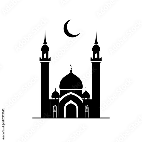 Islamic mosque icon with crescent moon and twin towers representing devotion, faith, and religious identity