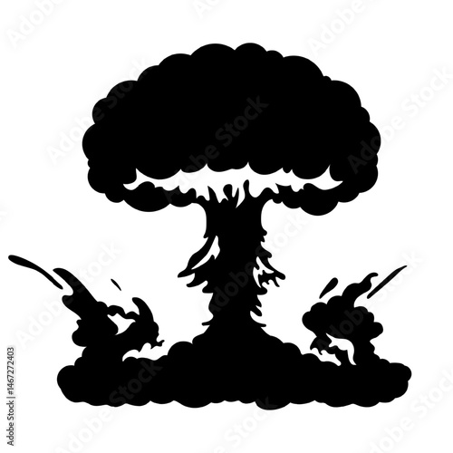 Realistic explosion black forms isolated on transparent background. Atomic blasts silhouettes, fire bursts, smoke plumes. Destructive impact elements for war, disaster projects. Vector icon, symbol