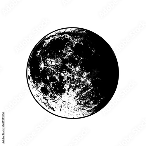 Highly detailed realistic full moon icon in grayscale depicting lunar surface and astronomy symbol