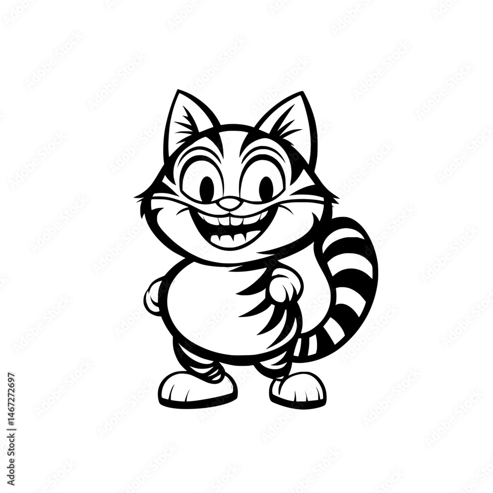 Rounded cartoon cat standing with confident posture, smiling expression, and thick striped tail Rounded cartoon cat standing with confident posture, smiling expression, and thick striped tail