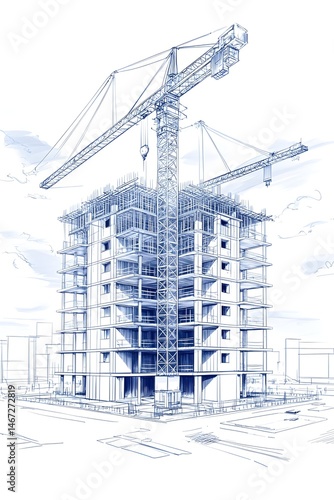 Blueprint sketch of a high-rise building under construction with a crane