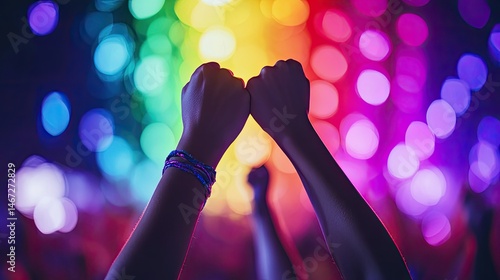 A diverse group of activists raises their hands in solidarity at a protest.
