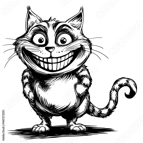 Grinning cartoon cat with exaggerated smile and striped fur standing on two legs in joyful expression