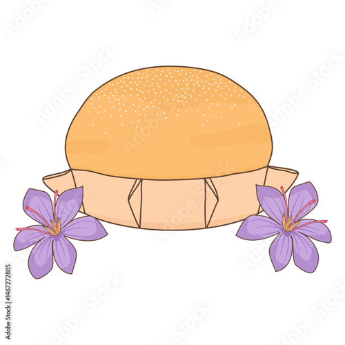 Cute hand drawn pardulas with saffron flowers traditional sardinian dessert food vector illustration isolated on white background