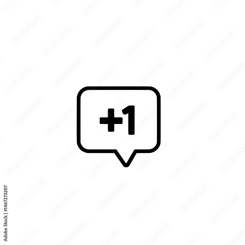 Speech bubble with plus one symbol representing social media engagement, digital interaction, and positive user feedback Speech bubble with plus one symbol representing social media engagement, digital interaction, and positive user feedback