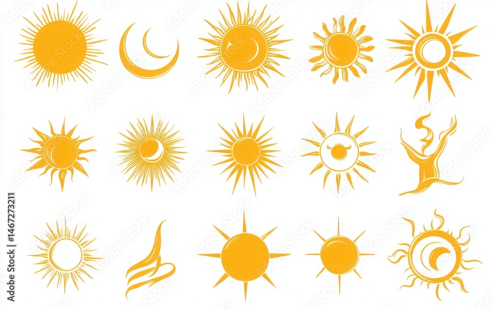 Fototapeta premium set of yellow sun icons in flat design on white background