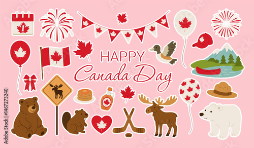 A collection of Canadian flags, maple leaves, and other Canadian icons are displayed on a pink background. The image is titled "Happy Canada Day" and features a variety of Canadian animals