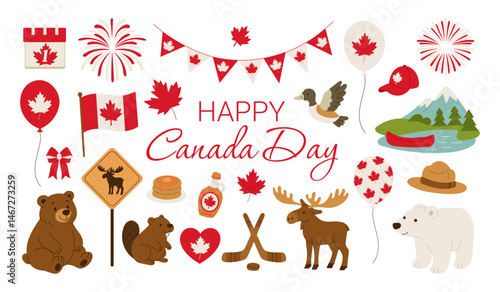 A colorful image of Canada Day with a variety of Canadian flags, animals, and sports equipment. Concept of celebration and patriotism
