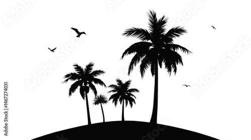 Silhouette of palm trees on a small hill, with birds in flight against a white background