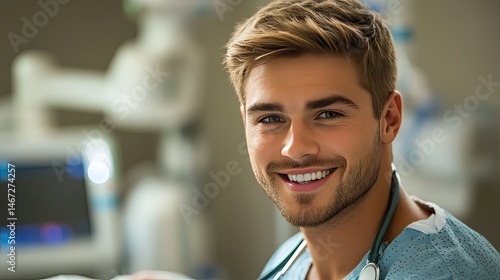 A male patient with a beard is lying in a hospital bed, looking at a smiling female doctor who is taking his pulse.