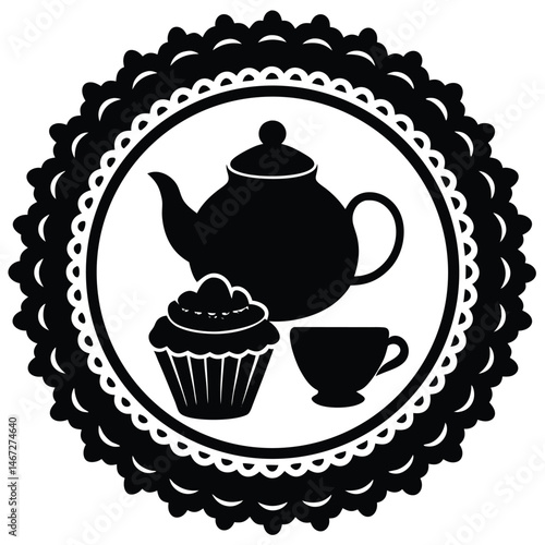 Elegant Tea Party Silhouette Teapot, Cupcake, and Teacup Design