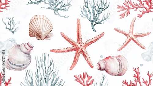Watercolor Seashells, Starfish, and Coral Reef Pattern
