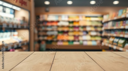 Wooden table in front of blurred grocery store shelves stocked with various products
