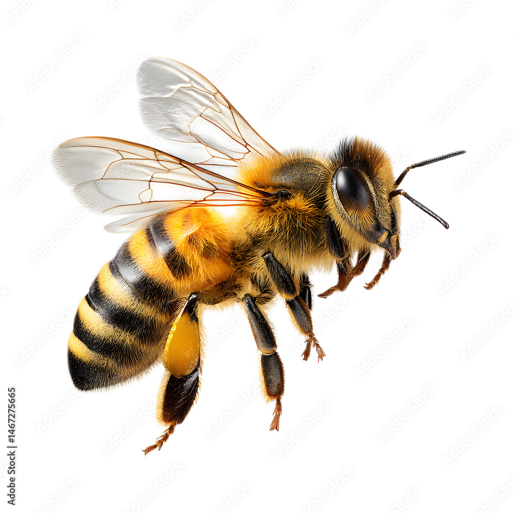 This detailed close up image showcases the intricate features of a bee including its striped body compound eyes wings and stinger The insect is isolated against a clean white backdrop This detailed close up image showcases the intricate features of a bee including its striped body compound eyes wings and stinger The insect is isolated against a clean white backdrop