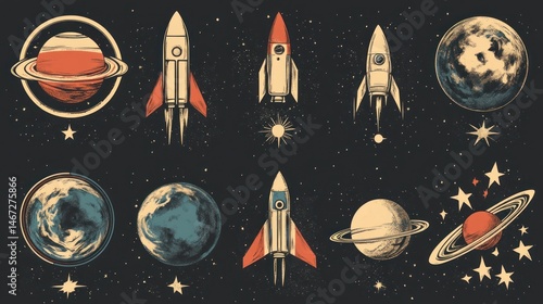 Vintage space rockets, planets, and stars illustration.