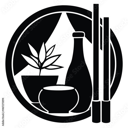 Stylish Home Decor Potted Plant, Bottle, Bowl, and Sticks Icon