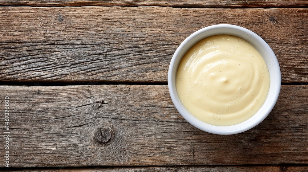 A small white bowl holds a creamy off-white sauce, positioned on a textured wooden board, providing a rustic backdrop with room for additional text A small white bowl holds a creamy off-white sauce, positioned on a textured wooden board, providing a rustic backdrop with room for additional text
