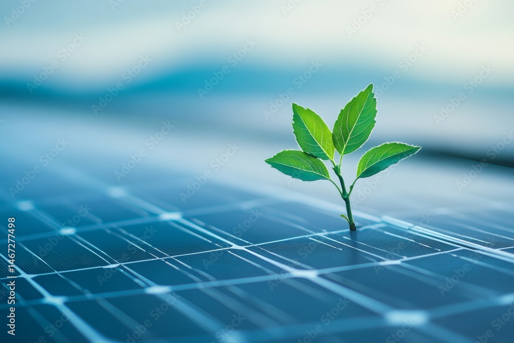 Sprout on solar panel representing eco-friendly power, renewable resources, and the future of sustainable environmental technology