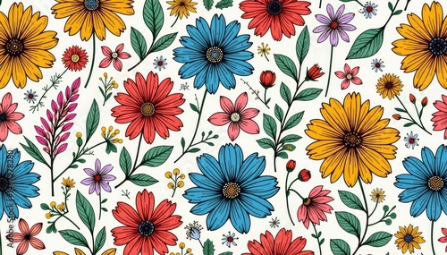Wallpaper Mural Intricate line art floral pattern, featuring various blossoms and foliage in a repeating design , textile, foliage, elegant Torontodigital.ca