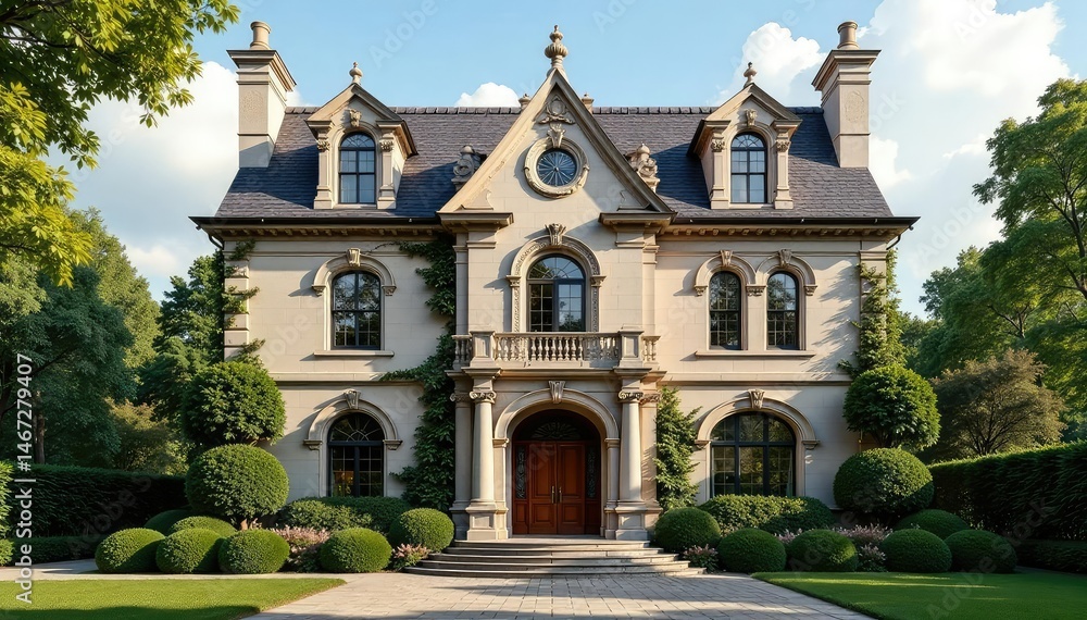 Fototapeta premium Grand townhouse, arched windows, elaborate molding, slate roof, heritage, terraced, city
