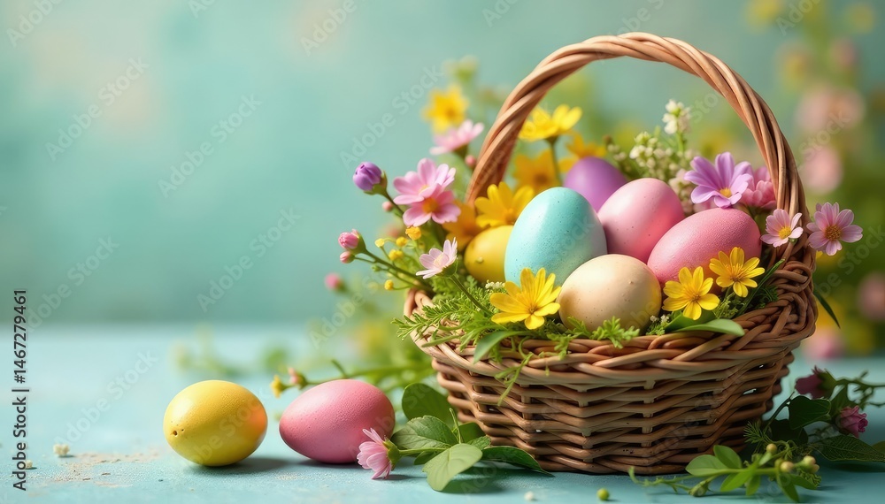 Colorful Easter eggs nestled in a spring basket overflowing with vibrant flowers , nature, happiness, colorful eggs Colorful Easter eggs nestled in a spring basket overflowing with vibrant flowers , nature, happiness, colorful eggs