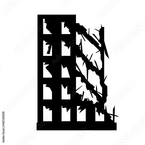 Silhouette of multistory apartment buildings damaged by war, shelling, or disaster. Windows broken, facades partially collapsed, structural damage indicating conflict or urban destruction.