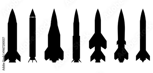 Silhouettes of ballistic missiles and rockets of various designs and sizes, displayed vertically isolated on transparent background. Military arsenal, strategic weapons, missile technology. War visual
