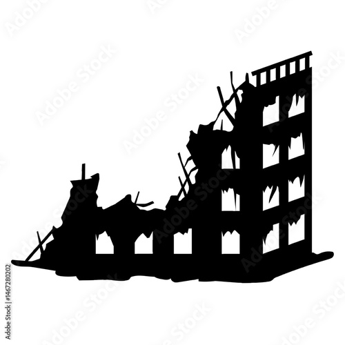 Vector silhouette of bombed or collapsed high-rise building viewed from side angles, affected by warfare or disaster, showing crumbling walls, debris, structural instability. Transparent background