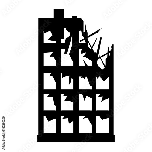 Silhouette of multistory apartment buildings damaged by war, shelling, or disaster. Windows broken, facades partially collapsed, structural damage indicating conflict or urban destruction.