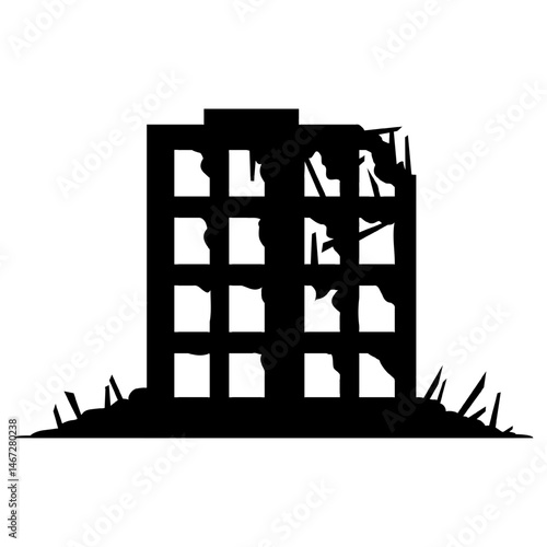 Ruined building black silhouette isolated on transparent background. Damaged city structures, debris, broken windows. War destruction, disaster aftermath, urban decay. Vector illustration