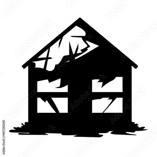Silhouette of a ruined house isolated on transparent background. Damaged home building, broken structures, debris. War impact, disaster scene, abandoned property. Vector design element