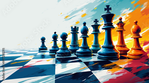 "Dynamic Chess Pieces – Vibrant Fluid Brush Strokes of Strategy & Competition with Copy Space"