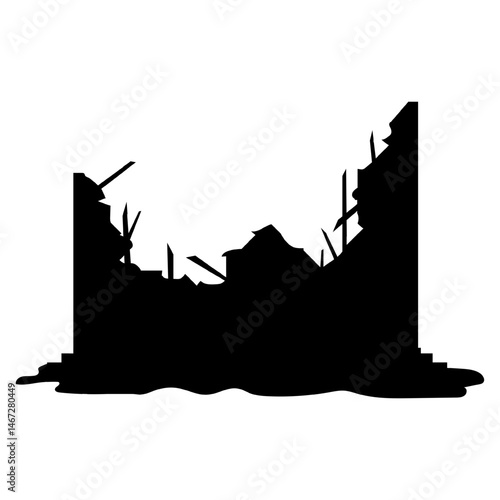 Silhouette of ruined wall fragments, debris pile black figures isolated on transparent background. Destroyed structure remnants. War aftermath, disaster zone element. Vector set for destruction scene