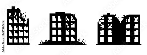 Silhouettes of multistory apartment buildings damaged by war, shelling, or disaster. Windows broken, facades partially collapsed, structural damage indicating conflict or urban destruction.